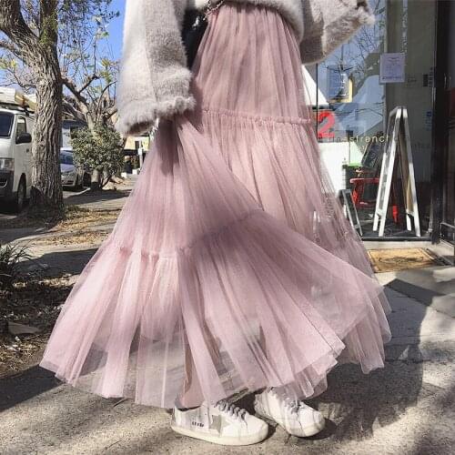 Limiguyue Women Ankle-Length Long Puffy Mesh Pleated Skirt Casual Elegant Tulle Multi Colors Sweet High Waist Female Jupe K410