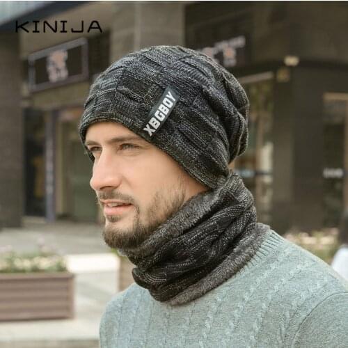 Men Autumn Winter Plush Thicken Hat+Scarf Two-piece Set knitting hat women Windproof Beanies Cap Neck Warmer velvet thick hat