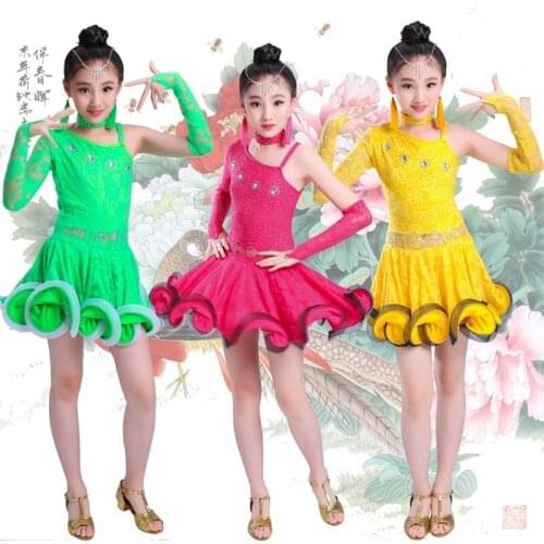 New 2017 Girls Unequal Lace Latin Dance Dress Children Fancy Dress Kids Ballroom Dance Wear Salsa Tango Rumba Samba Costume