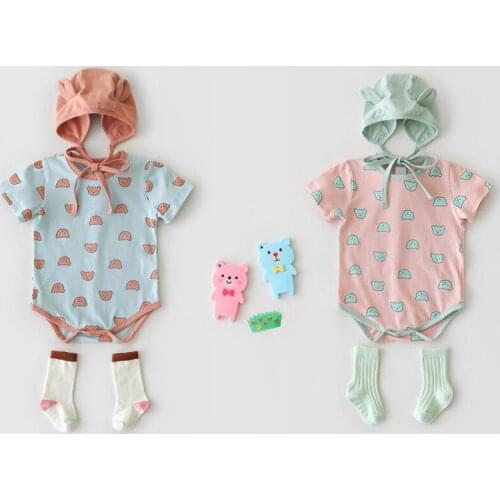 2021 New Infant Childrens Romper for Girls Boys Bear Cartoon Print One-piece Jumpsuit+Hat Suit for Kids Clothing