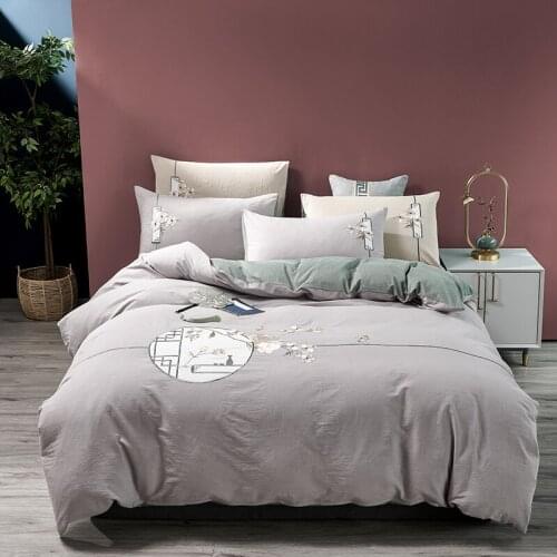 New Chinese-style Embroidered Bedding Set Soft Washed Cotton Bed Sheet Pillowcase Duvet Cover 4PCS for Home
