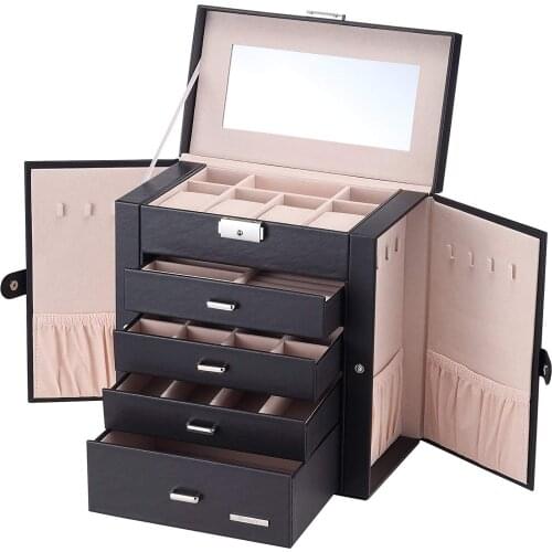 Synthetic Leather Huge Jewelry Box Mirrored Watch Organizer Necklace Ring Earring Storage Lockable Gift Case Black 2020