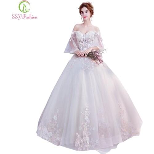 SSYFashion New Champagne Wedding Dress The Bride Married Romantic Sweetheart Lace Flower Puff Sleeves Long Wedding Gowns