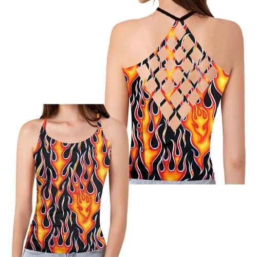 UJWI 3D Flame Shirt Womens Tank Top New Leisure Casual Top Ladies Summer Hollow Out Tshirt Sleeveless Loose Print Tops Femme