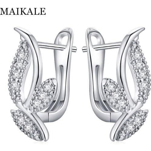 MAIKALE Classic Stud Earrings Leaf Shape Plated Gold Silver Color AAA Cubic Zirconia Simple Korean Earrings For Women To Friend
