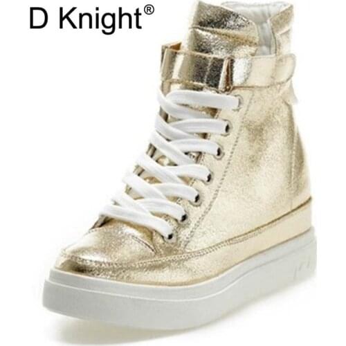 Women Casual Ankle Boots Fashion Round Toe Lace Up Platform Height Increasing Wedges Sneakers Ankle Boots For Women Gold Silver