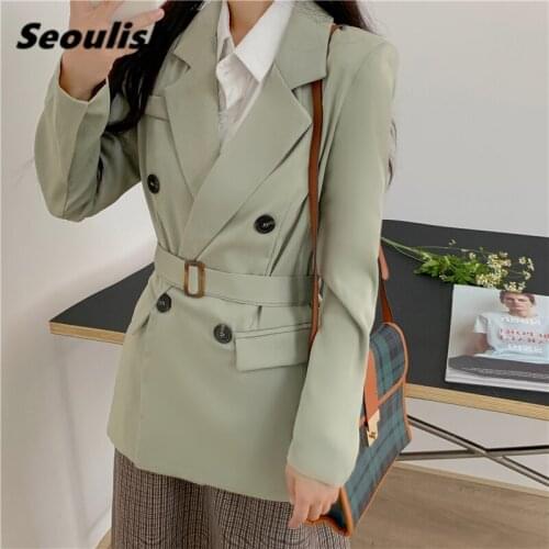 Seoulish New 2021 Spring Autumn Womens Blazers with Belted Double Breasted Jackets Vintage Oversize Elegant Office Tops Pockets
