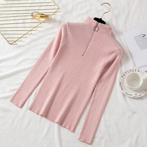 2021 Knitted Sweater Women Korean Fashion Zipper Half High Collar Pullovers Autumn Winter Basic Woman Sweaters Slim Pull Femme