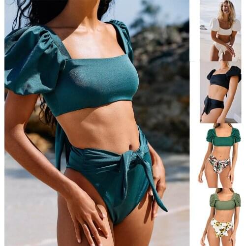 2 Piece Swimsuit Hot Sale High Waist Girl Swimsuit Sweet and Fluffy Puff Sleeve Solid Color Bikini Swimsuit Gentle/sweet Style