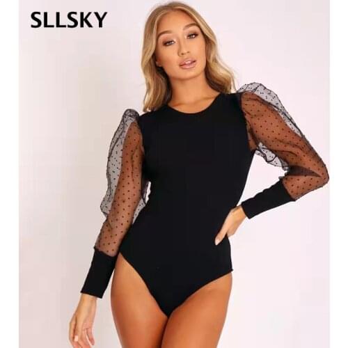 SLLSKY O-neck Puff Sleeve Polka Dot Mesh Long-sleeved Top Women European And American Net Red Same Style Pullover Jumpsuit