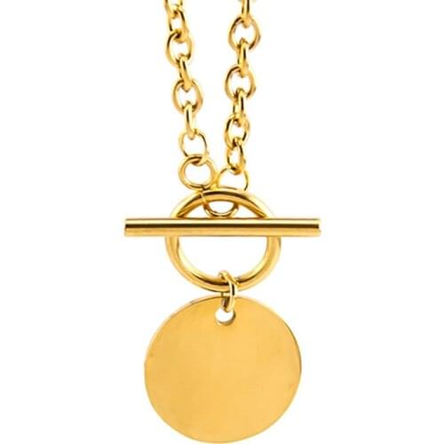 Metal Circle Bar Necklace Blank For Engrave Stainless Steel Round Charm Toggle Necklace For Women Rolo Chain Choker Collier