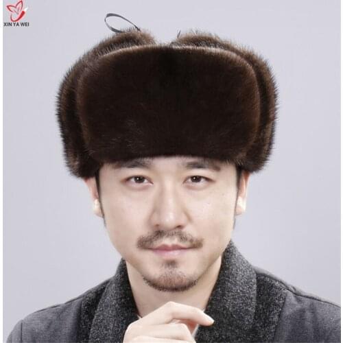 2020 Winter Fashion Genuine Mink Fur Cap Bomber Fur Hat For Man Cold Outdoor Ear Warm Ride Motocycling Russian Leather Mink Cap