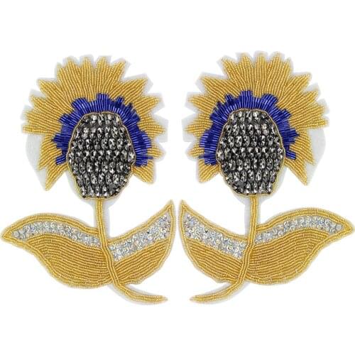 1pair Handmade Sun Flower Beaded Applique Sew on Clothes Bag Rhinestone Patches Beading Decorative TH1353