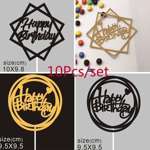 10pcs/lot Happy Birthday Glitter Paper Cake Toppers Round Square Stars Baking Cake Topper for Kid Birthday Party Cake Decoration