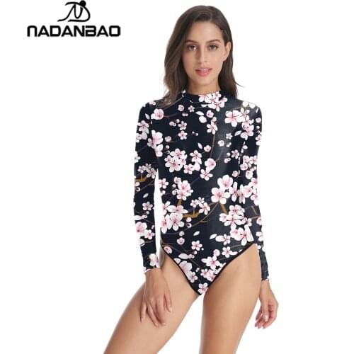 2021 One Piece Swimsuit Style Surfing Bathing Suit Cherry Blossom Printed Women Swimwear Loog Sleeve Swim Suit Zippered Y02014