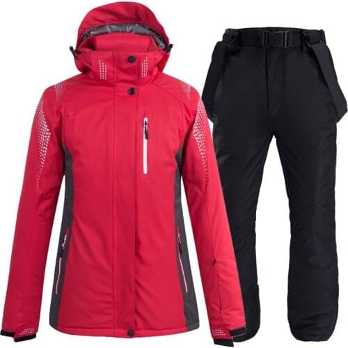 -30 Cheaper Red Pure Colors Women and Men Snow Suit Sets Wear Snowboard Clothing Winter Waterproof Costumes Skiing Jacket + Pant