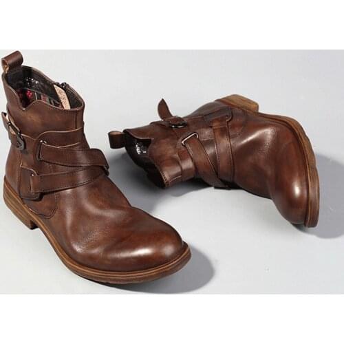 Retro Genuine Leather Boots Men Brand Casual High Top Double Buckle Work Shoes Luxury Handmade Round Toe Zip Dress Boots Black