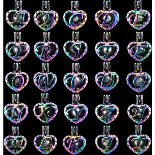 Rainbow Color Alphabet A-Z 26letters Beads Cage Jewelry Making Perfume Diffuser Oyster Pearl Cage Locket Charms Women Girl