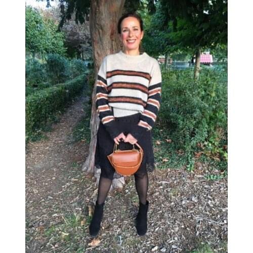 Elfbop Fashion Blogger Style Wool Blend Contrast Striped Knit Sweater Jumper - Ladies Stylish O Neck Knitting Pullover Top