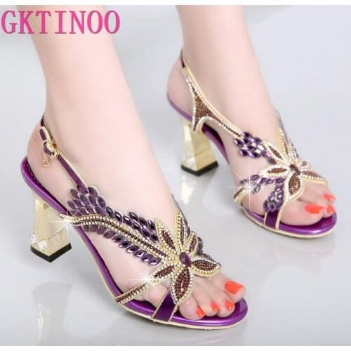 GKTINOO 2021 New Arrivals Shoes Woman Genuine Leather Summer Rhinestone High Heels Ladies Party Shoes Sandals Women