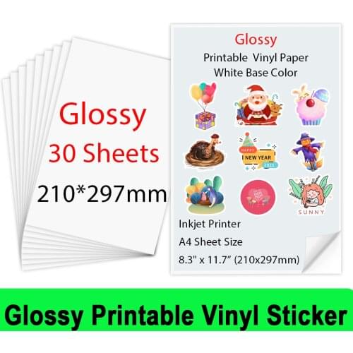 10 /30 Sheets A4 Glossy Self-Adhesive Printable Vinyl Sticker Paper 210*297mm Waterproof Copy Paper for Inkjet printer DIY gift