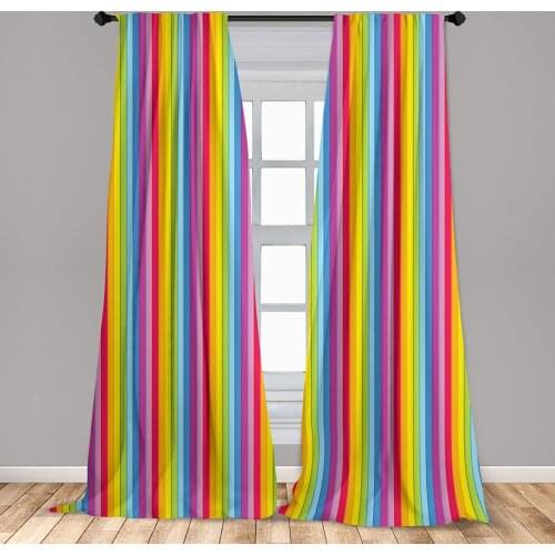 Colorful Curtains Modern Vertical Rainbow Colored Stripes Vibrant Shades of Colors Funky Cheerful Window Curtains Living Room