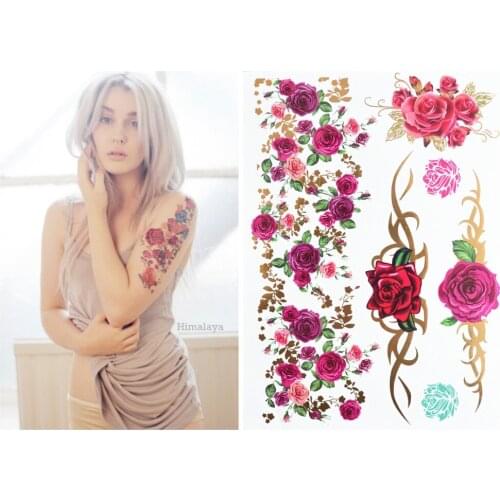 #388 Boho Style The Best Trend Flower Rose Temporary Body Tattoo, Women Colored And Metallic Tattoos