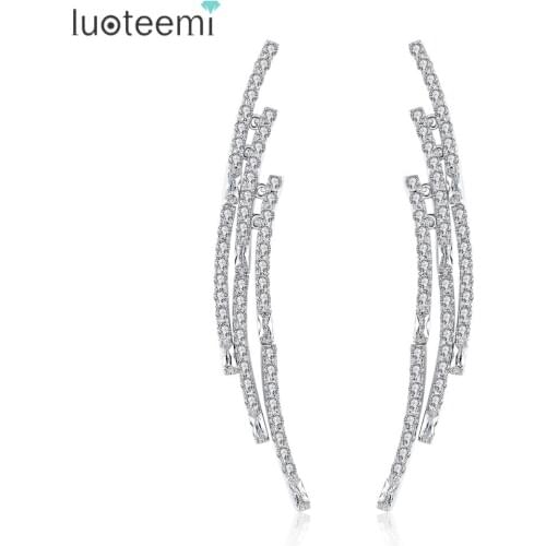 LUOTEEMI Fashion Vintage Drop Earrings White Gold Color 3 Lines Shining Tiny CZ Party Dangle Brincos for Women Christmas Gift