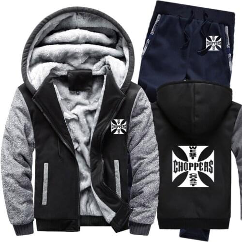 Hoodies Men West Coast Choppers Mens Hoodies Suit Winter Thicken Warm Fleece cotton Zipper Tracksuit Mens Jacket+Pants 2Pcs Sets