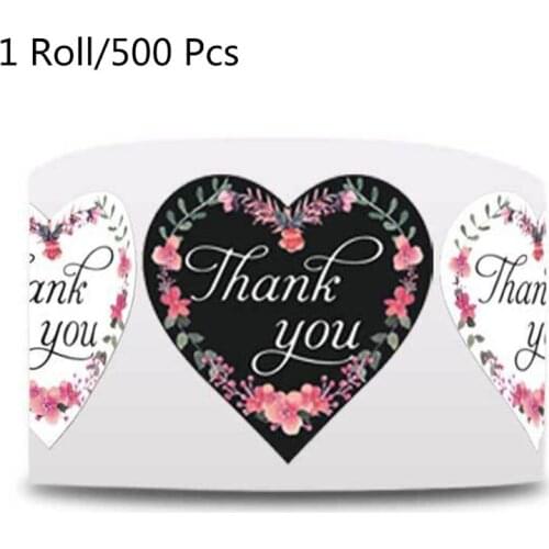 500pcs/roll Floral Thank You Stickers Heart Shaped Seal for Small Shop Wedding Baking