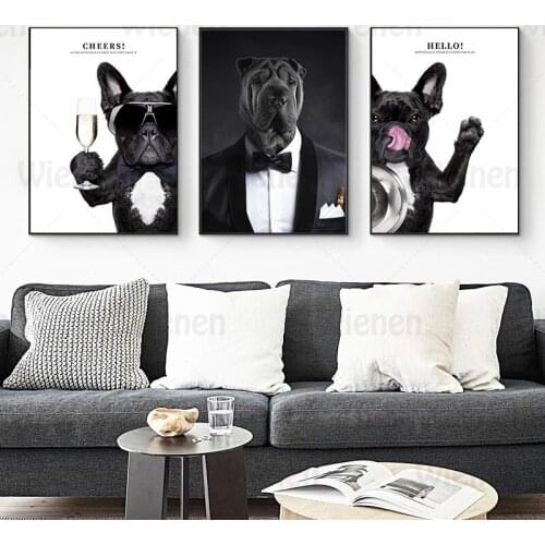Funny Animal Canvas Print Black Dogs Wear Sunglasses Clothes Painting Modern Nordic Poster Home Decor Living Room Wall Art Mural
