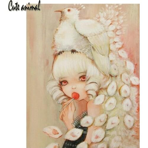 Full square round drill diy 5d diamond painting cartoon girl bird feather diamond mosaic cross stitch diamond embroidery icon