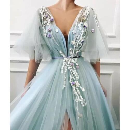 Sexy Tulle Prom Dresses 2020 V-Neck Turquoise High Slit A-Line Flowers Formal Party Gown Dressing Gown Plus Size платье LE4047