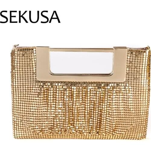SEKUSA sequined luxury women metal evening bags big design party dinner clutch purse ruched wedding bags