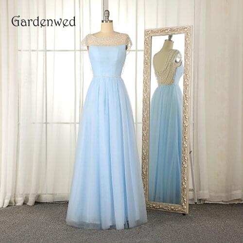 Gardenwed Special Cap Sleeve Evening Dress abendkleider 2019 Cyan Real Photos O Neck See Through Tassel Tulle Formal Gowns
