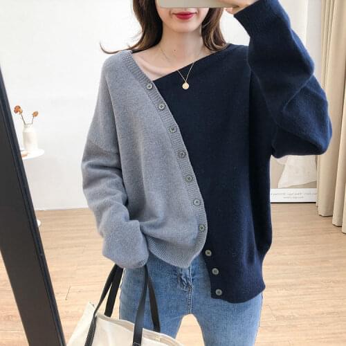 2021 new autumn winter Korean loose irregular design contrast color long-sleeved sweater sweater womens shirt