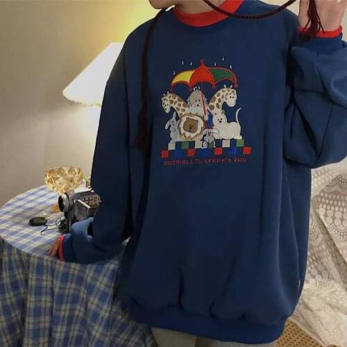 Lovely Animal Amusement Park Embroidery Loose Oversized Sweatshirt Women Gray Long Sleeve Harajuku Kawaii Fall Winter 2021 Tops