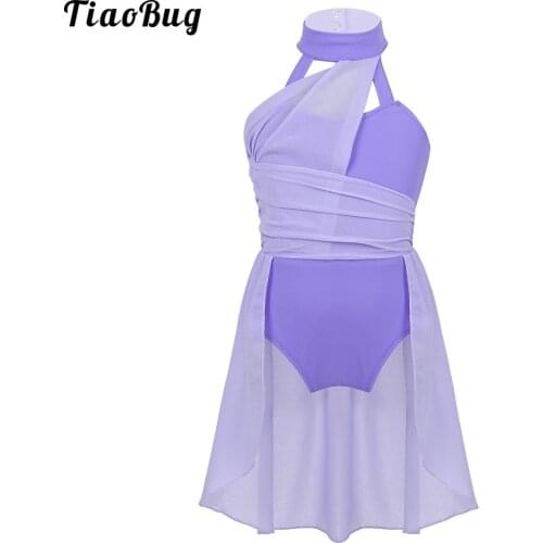 TiaoBug Kids Girls Sleeveless Ruched Chiffon Bodice Caged Back Ballet Dance Costume Leotard Dress For Lyrical Contemporary Dance
