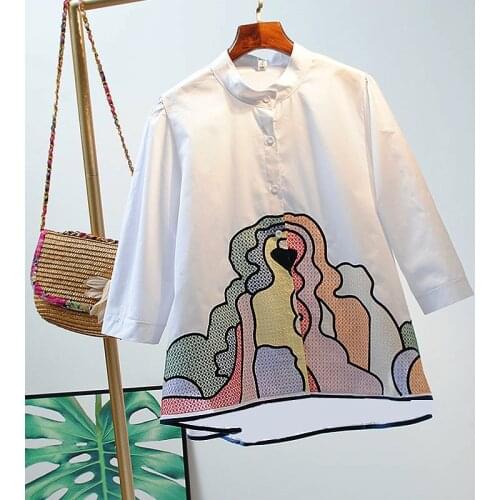 Spring Summer Fashion Blouse Women Causal Abstract Colorful Embroidery Stand Collar White Blouse Plus Size Blousa NS83