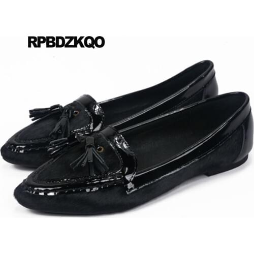 Pointed Toe Large Size Patent Leather Women Fringe Designer Shoes China Leopard Print Foldable Work Chinese Black Flats Tassel