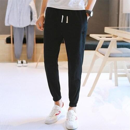 Hot Sales Summer New High quality Mens Casual Pants Linen Cotton Trousers Elastic Waist White/Black Mans Pencil Pant Plus Size