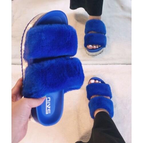 2021 Women Fur Slippers Summer Home Flat Fur Crystal Slides Fluffy Female Shoes Casual Comfortable Womens Slippers Big Size