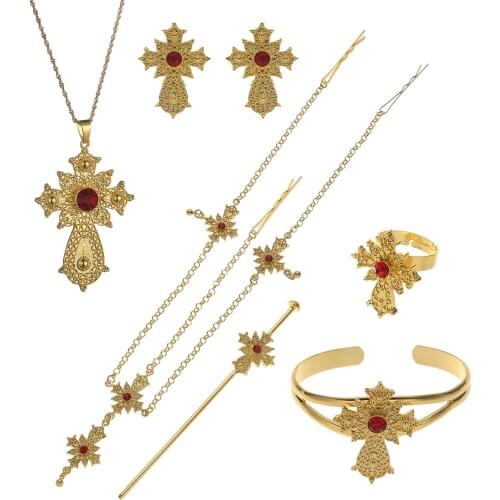 Latest Gold Color Red Stone Women Eritrean Ethiopian Traditional Wedding Jewelry Sets