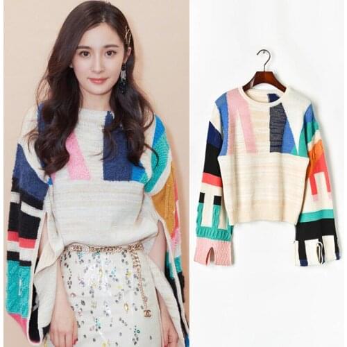 Womens autumn winter soft sweater 2 color fashional super star Yang Mi same geometric pattern split cuff loose knit sweater