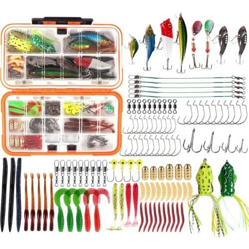 117pcs Fishing Lure Set Artificial Bionic Fake Bait Floating Swing Allure Fish Lifelike Soft Earthworm Frog Crank Hook Bait Box