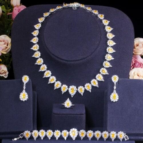 2021 new fashion vintage luxury yellow CZ zircon golden necklace earring bracelet ring wedding bride dressing jewelry set
