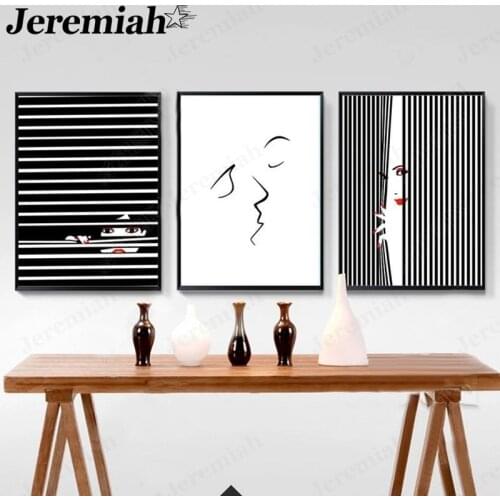 Abstract Fashion Women Canvas Poster Black and White Stripes Creative Voyeur Painting Wall Art Nordic Living Room Home Decor