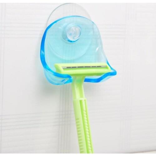 Blue Gray Plastic Mens Shaver Rack Clear Storage Shelf Bathroom Amenities Product Razor Holder Suction Cup Shelf Organizer Hook