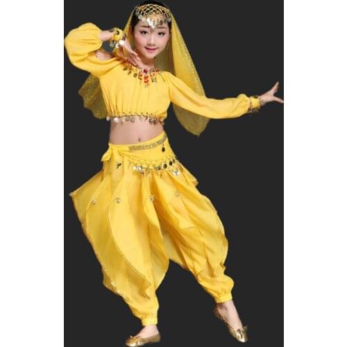 Belly Dance Costumes for kids Indian dance Bollywood Dancing 6 piece/Set Coins Top,Belt,pants,necklace,earrings and headwear