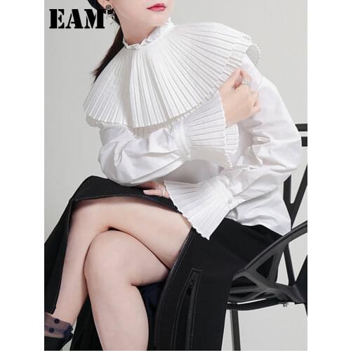 [EAM] Women White Pleated Elegant Blouse New Stand Collar Long Sleeve Loose Fit Shirt Fashion Tide Spring Autumn 2021 1DE2647